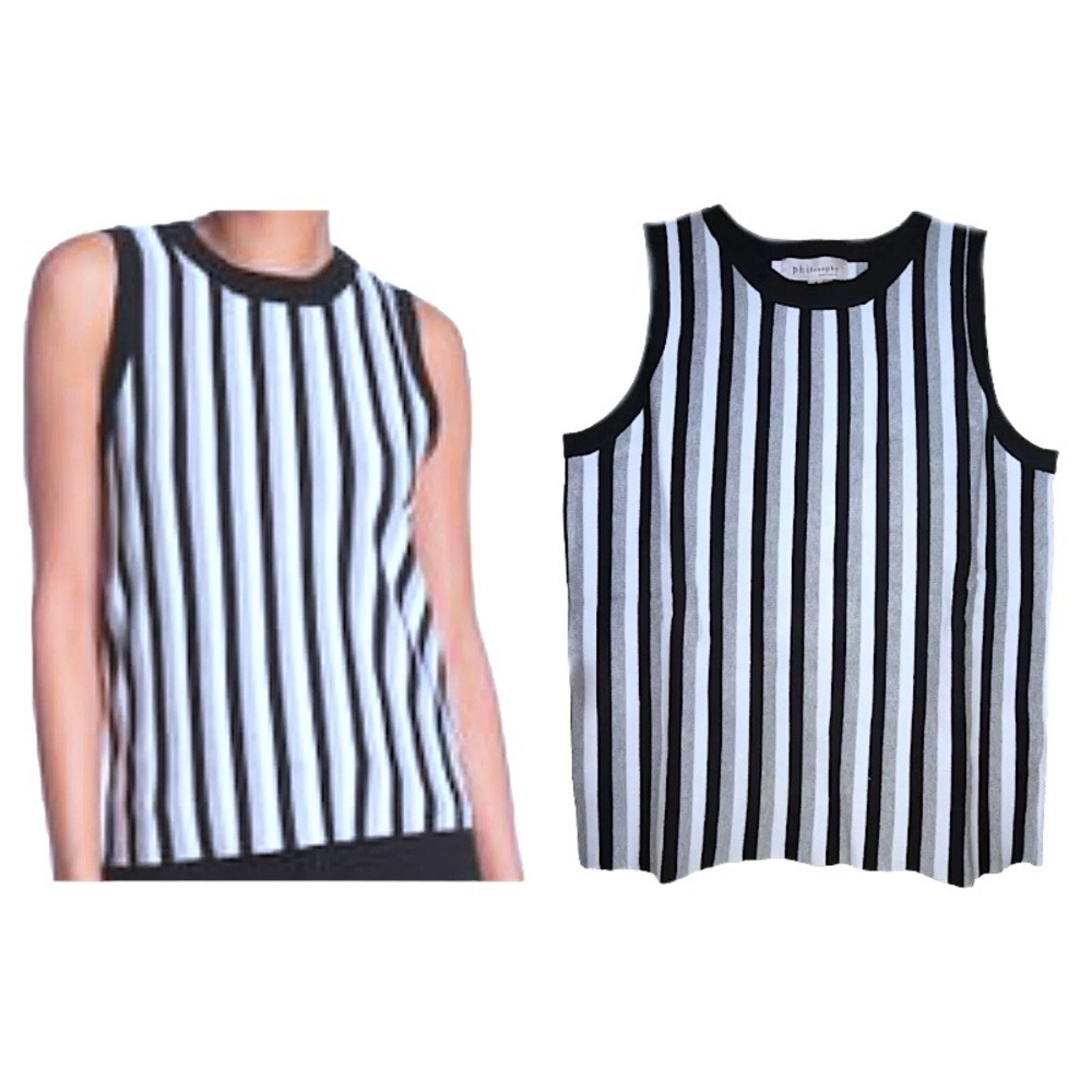 $58 Philosophy Tank Medium 6 8 Striped Sleeveless Black Grey White Knit SOFT NWT